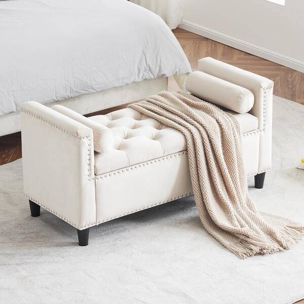 Cream Velvet Dining Bench 44.5 in. Button Bedside Storage Bench with Armrests Nailhead Trim Upholstered Bedroom Bench