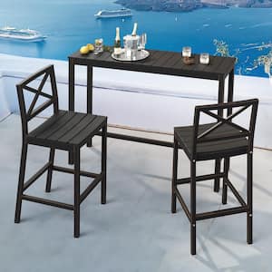3-Piece 55 in. Black Outdoor Dining Table Set Aluminum Bar Set HDPS Top With Bar Chairs Armless for Balcony
