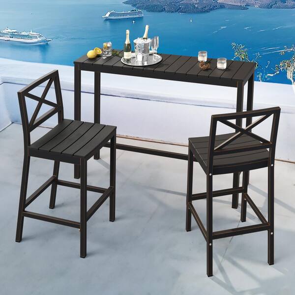 LUE BONA 3-Piece 55 in. Black Outdoor Dining Table Set Aluminum Bar Set HDPS Top With Bar Chairs Armless for Balcony