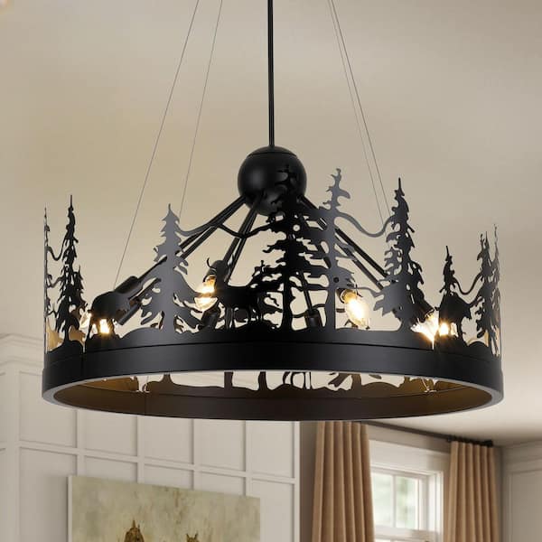 8-Light Black Ambient Rustic Chandelier Wagon Wheel Farmhouse Chandelier for Dining Living Room Foyer