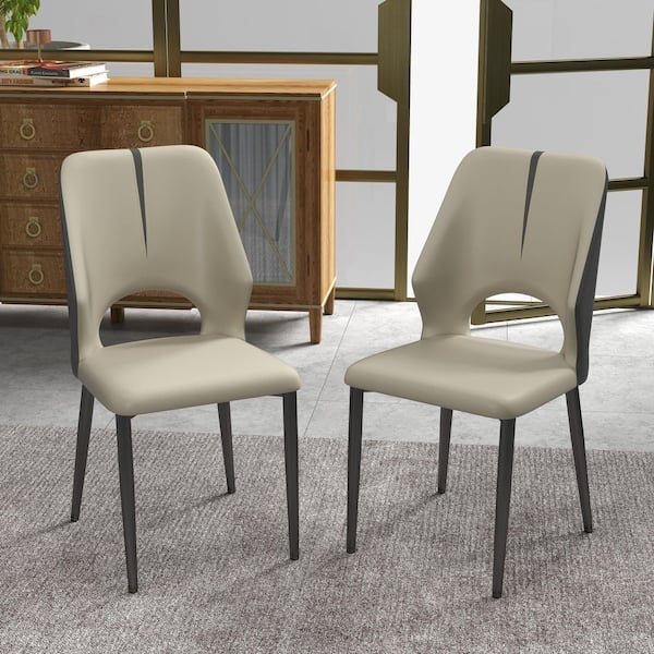 Beige Modern Minimalist PU Leather Parsons Dining Chair with Metal Legs (Set of 6)
