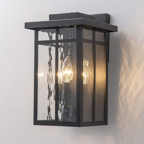 13.5 in. Matte Black Outdoor Hardwired Wall Lantern Sconces with Water Glass, No Bulbs Included (1-Pack)