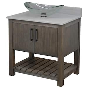 Ocean Breeze 31in. W x 22in. D x 31in. H Bath Vanity in Cafe Mocha with Grey Quartz Top, Clear Sink and Black Hardware
