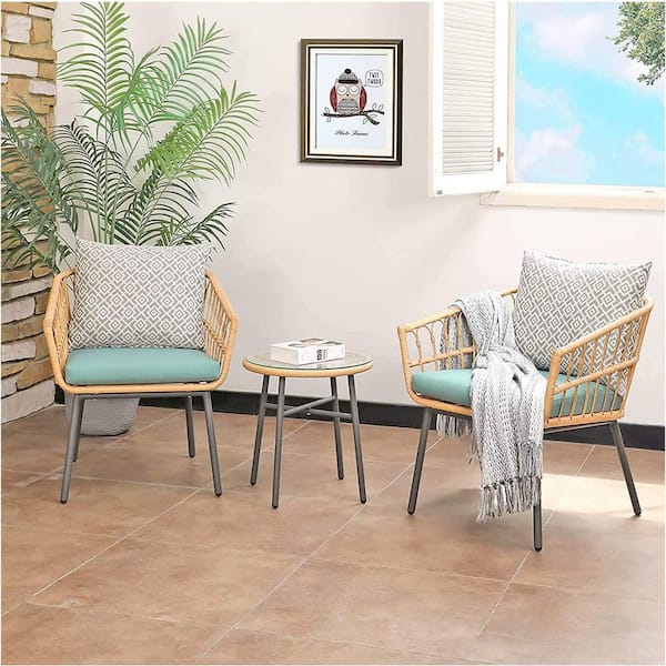 Gardening Style Beige 3-Piece Wicker Outdoor Bistro Set with Tempered Coffee Table and Turquoise Cushions for Balcony