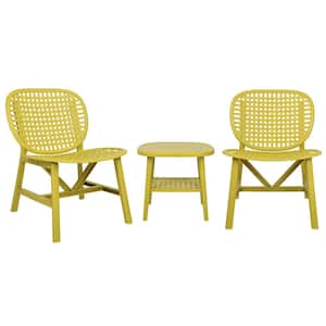 3 Piece Green Polypropylene Outdoor Bistro Conversation Set with Open Shelf and Lounge Chairs with Widened Seat