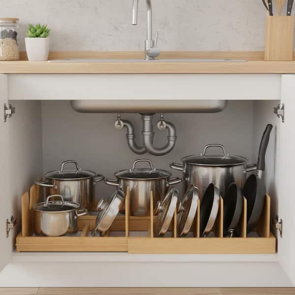 Natural Bamboo Pot Lid Organizer Expandable Kitchen Rack for Pots Pans Bakeware Cutting Boards Storage