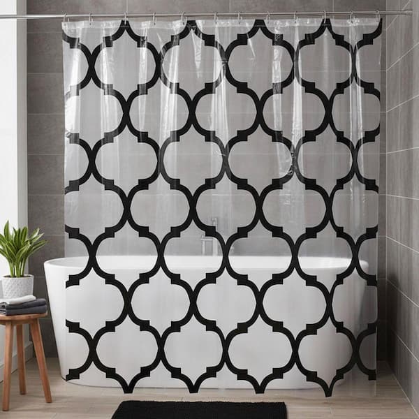 Transparent 71 in. W x 71 in. L PEVA Shower Curtain Black Arabesque Design