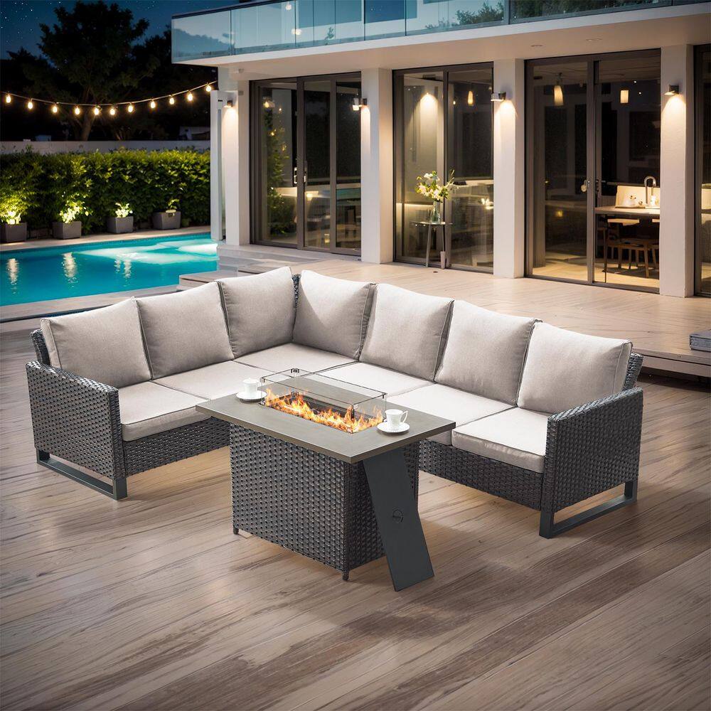 4-Piece Brown Wicker Fire Pit Conversation Set with Olefin Beige Cushions and Sectionsal Sofa/Fire Table with Windguard price history on PriceWatchPro