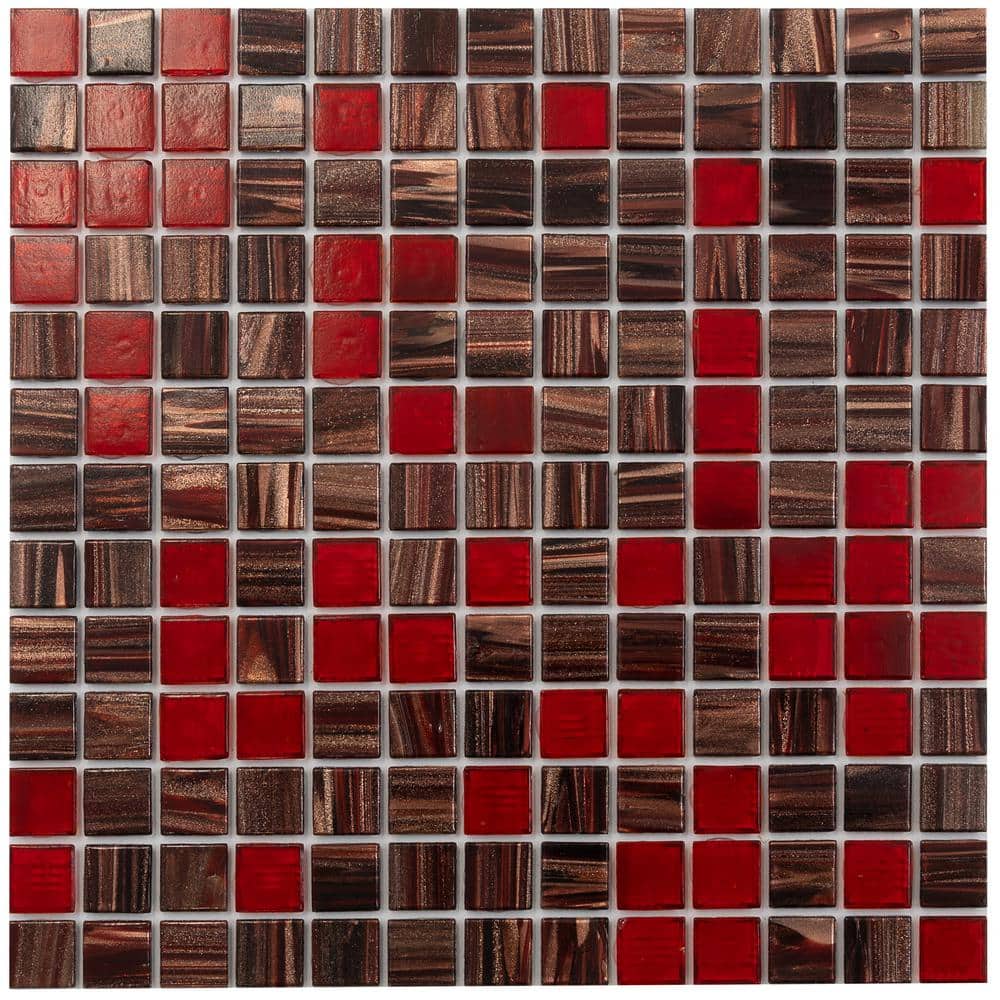Mingles 12" x 12" Glossy Red and Brown Glass Mosaic Tile