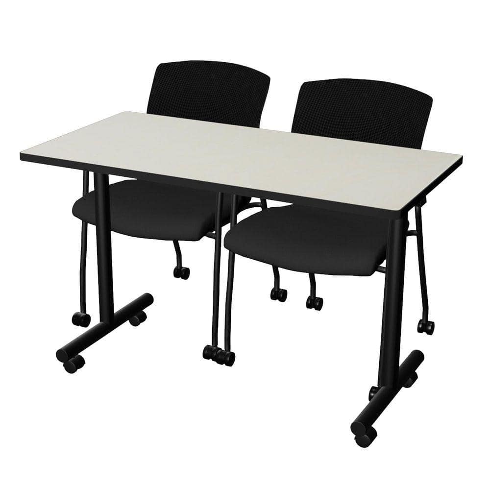 Kobe 48 in x 24 in. Maple Mobile T-Base Training Seminar Table Desk, 2 Knight Mesh Chairs