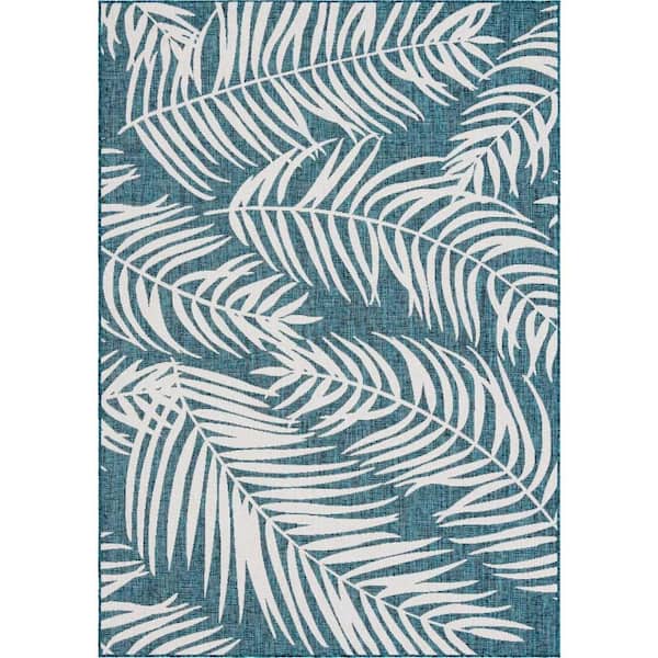 Teal Insect Rug Unique Loom Outdoor Botanical Palm Teal 7 ft. 1 x 10 ft. Area Rug ...