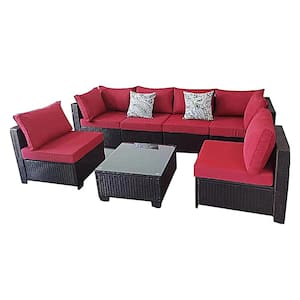 7-Piece Dark Brown Handwoven Rattan Wicker Outdoor Patio Sectional Sofa Set with Red Cushions and Coffee Table