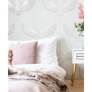 Kumano Collection White Textured Flying Storks Pearlescent Finish Non-Pasted Vinyl on Non-Woven Wallpaper Sample