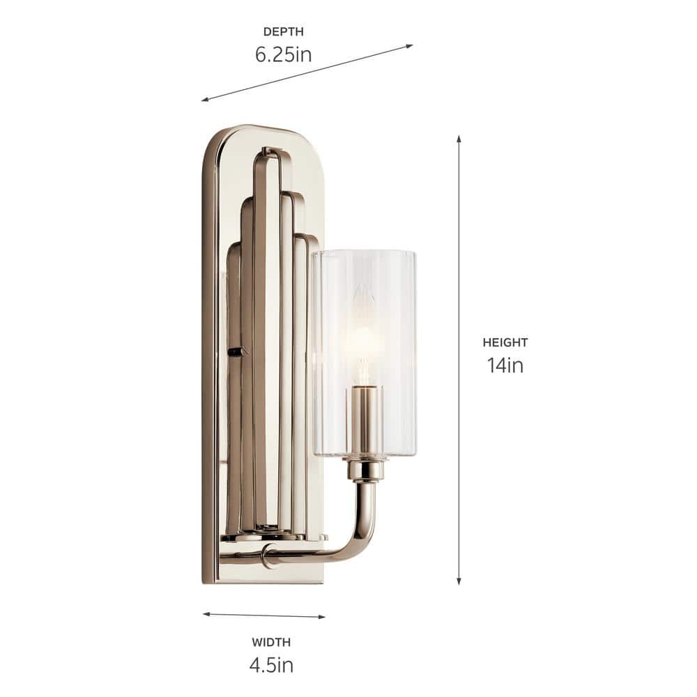 Kimrose Art Deco Polished Nickel 1-Light Sconce with Clear Fluted Glass