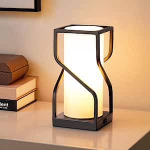 11.4 in. Black Metal Table Lamp with Fabric White Shade and USB Port
