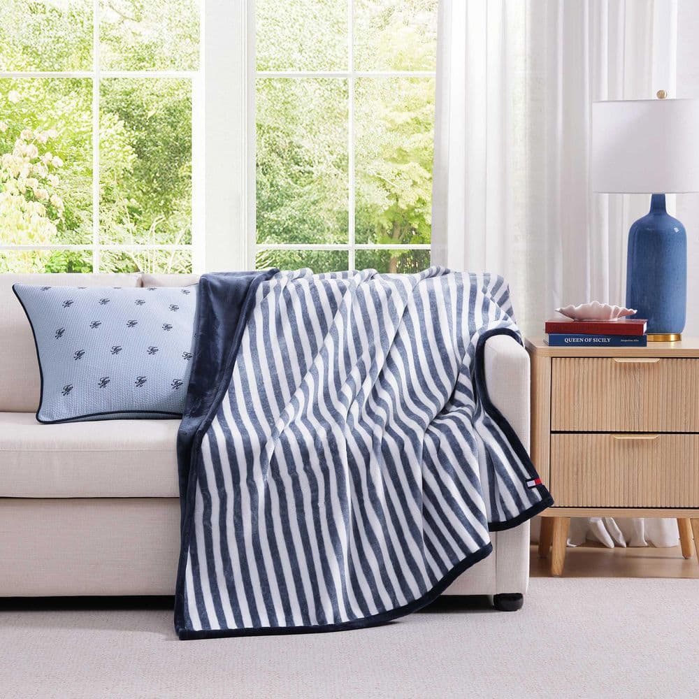 Laguna Beach Stripe 1-Piece White/Deep Blue Reversible Lush Plush Fleece 50 x 70 Throw Blanket