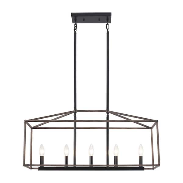 LWYTJO 5-Light Black and Imitation Wood Grain Modern Linear Kitchen Island Rectangle Chandelier with Caged Metal Shade