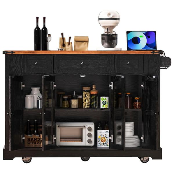 H2O 53 in. Black Farmhouse Kitchen Cart Island with Drop Leaf,Power Outlet,Glass Cabinet Doors, 5 Side Racks and Drawers