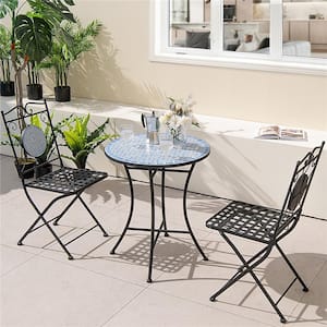 3-Pieces Ceramic Metal Patio Bistro Set Outdoor Furniture Mosaic Table Chairs All Weather Garden