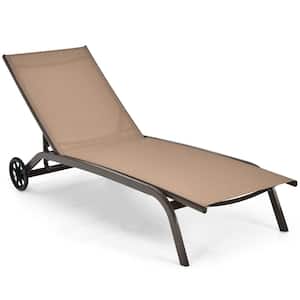 Metal Outdoor Chaise Lounge Patio Adjustable 6-Position Recliner with Wheels Brown