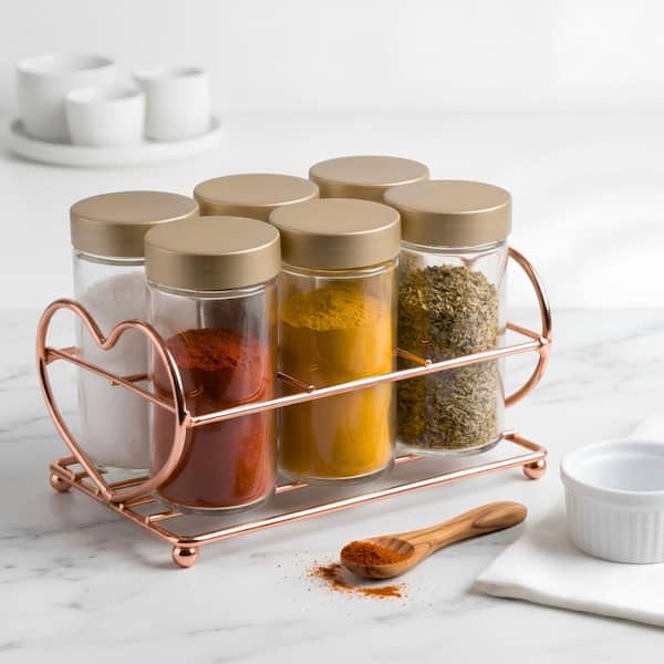 Glass Spice Bottle Jar with Copper Finished Iron Wire Rack Organizer (Set of 6)