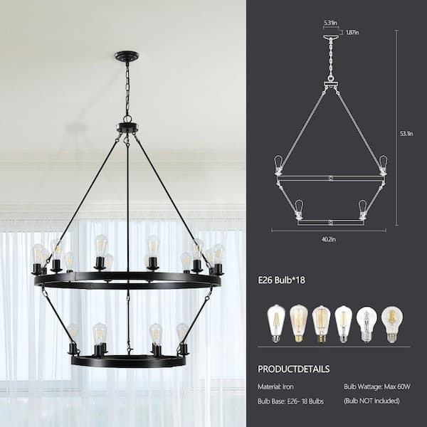 40 in. W 18 Light 2-Tier Wagon Wheel Chandelier Hanging Kitchen Island Lighting Fixture, E26, No Bulbs Included, Black