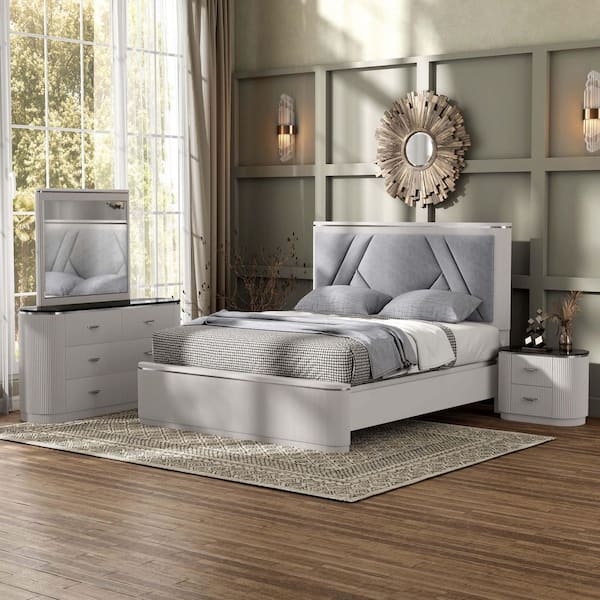Addy 4-Piece Modern Light Gray Wood Queen Panel Bedroom Set with Nightstand and Dresser/Mirror