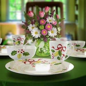 Holiday Ribbon 12-Piece Casual White Ceramic Dinnerware Set (Service for 4)