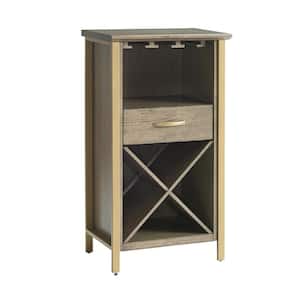 Leah 20 in. W x 36 in. H Dune Brown and Gold Mini Bar Cabinet For Stemware and Bottle Storage