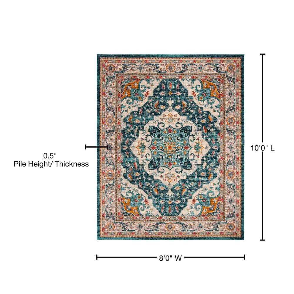 Ivory and Blue Medallion Synthetic Area Rug, 8' x 10'