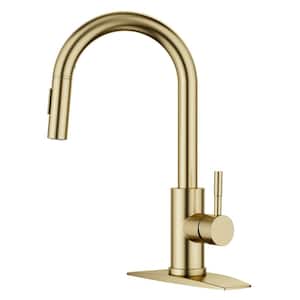 Single Handle Pull Down Sprayer Kitchen Faucet with Removable Deck Plate Swivel Spout in Gold