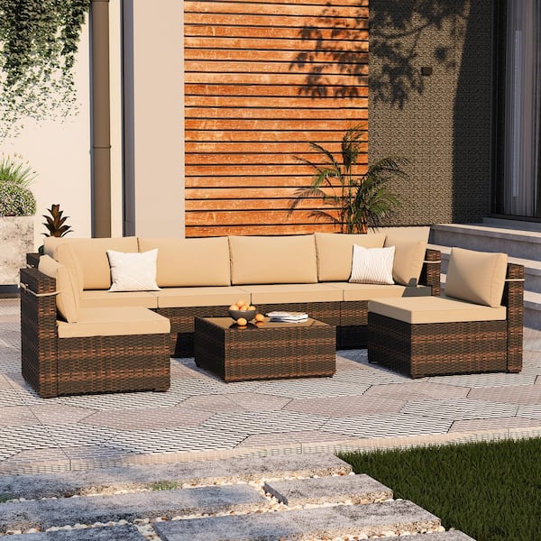UPHA 7-Piece Wicker Outdoor Patio Conversation Sectional Seating Set with Beige Cushions