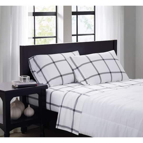 Truly Soft Printed Windowpane 4-Piece White/Charcoal Grey Microfiber Queen Sheet Set