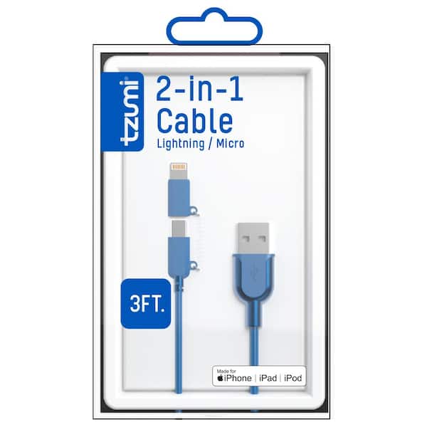 Tzumi 3 ft. 2-in-1 USB Metallic Charging Cable, Blue