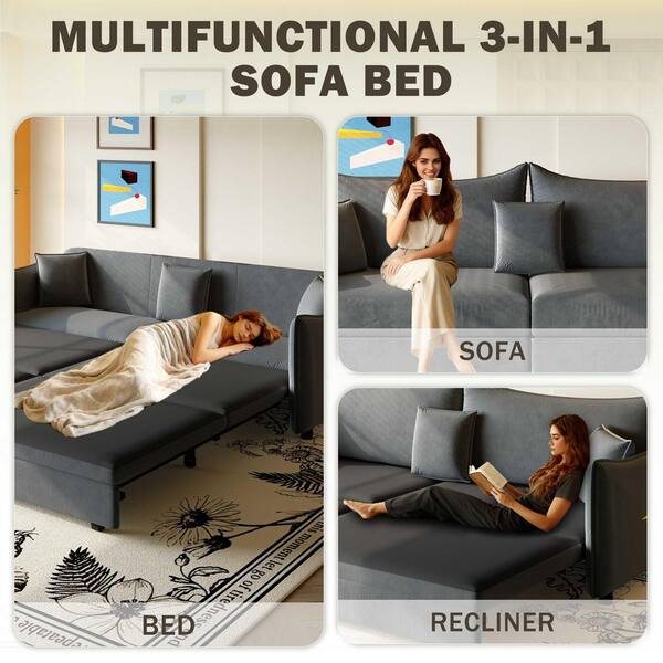 81.9 in. Square Arm Velvet Rectangle Sofa with Sofa Bed and Pillows in Dark Gray (Seats 3)