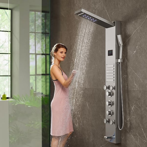 Shower Panel System 6-Shower Modes LED and Screen Hydroelectricity 8-Massage Jets Stainless Steel Shower Set