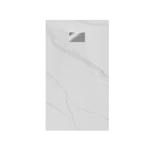 Mediterraneo 60 in. L x 32 in. W Corner Shower Pan Base with Off-Center Drain Cover in Calacatta