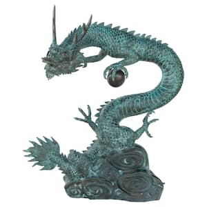 35 in. H Asian Dragon with Oriental Power Orb Bronze Large Garden Statue