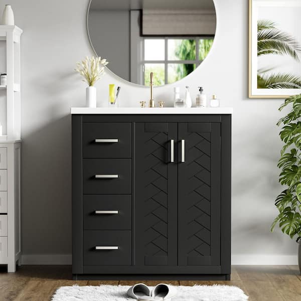 30 in. Single Sink Freestanding Black Bath Vanity with White Ceramic Top, 3 Drawers and Soft Closing Doors