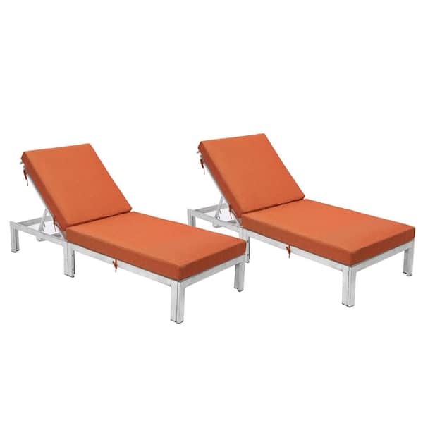 Leisuremod Chelsea Modern Weathered Grey Aluminum Outdoor Chaise Lounge Chair with Orange Cushions Set of 2