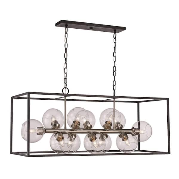 12-Light Black and Brushed Nickel Caged Hanging Linear Pendant Light with Clear Glass Globe Shades