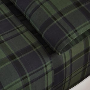 4-Piece Hunter Green Plaid Cotton Flannel King Sheet Set