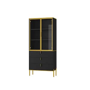 Black and Gold 71.9 in. H Wooden Storage Cabinet, Bookcase, Sideboard with Tempered Glass Doors, 3-Drawer and 3-Shelf