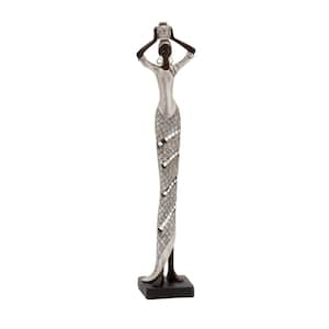 Silver Polystone Standing African Woman Sculpture with Mosaic Details