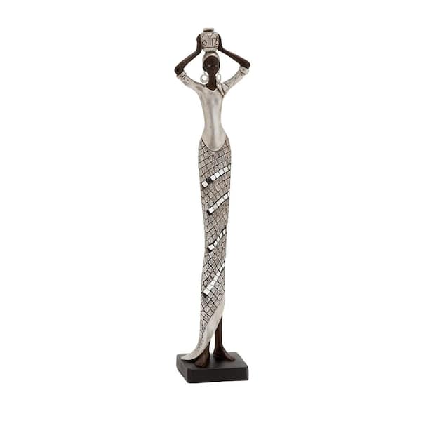 Litton Lane Silver Polystone Standing African Woman Sculpture with Mosaic Details