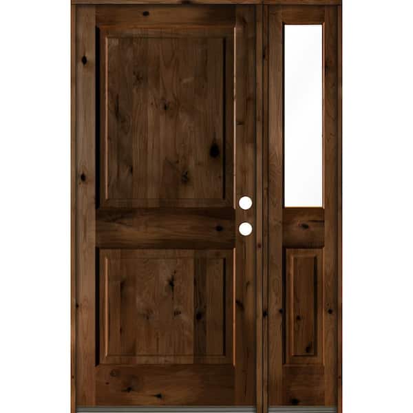 56 in. x 80 in. knotty alder Left-Hand/Inswing Clear Glass Provincial Stain Square Top Wood Prehung Front Door w/RHSL