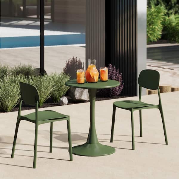 Frond and Form Outdoor Patio Assembled Poly Plastic Stacking Dining Side Chair (Set of 2), Olive Green