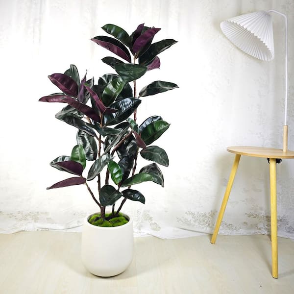 4.5 ft. Artificial Rubber Tree in White Decor Pot, Faux Green Plant Indoor Home Decorative Planter