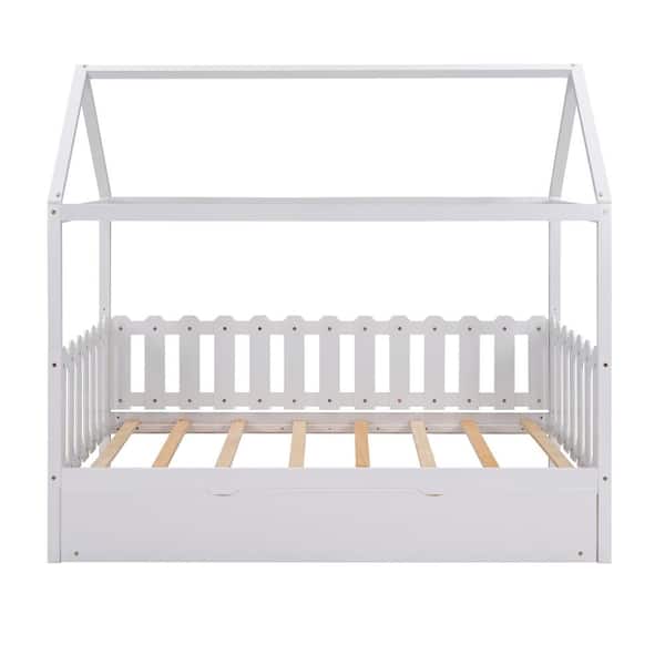 Veroorloven Consequent gewoon URTR White Twin Size Wooden House Bed with Trundle, House Shape Floor Bed  Frame with Roof and Fence for kids T-01185-K - The Home Depot
