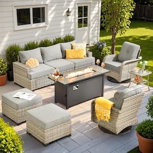 Tiberte Gray 9-Piece Wicker Patio Rectangle Fire Pit Conversation Set with Dark Gray Cushions and Swivel Chairs